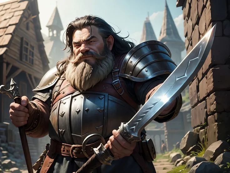 dwarf, blacksmith, sword, ax, armor, shield, fantasy, masterpiece, best quality, super detail