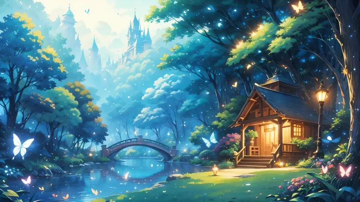 studio ghibli, enchanted landscapes with lights , butterflies, fireflies, etc