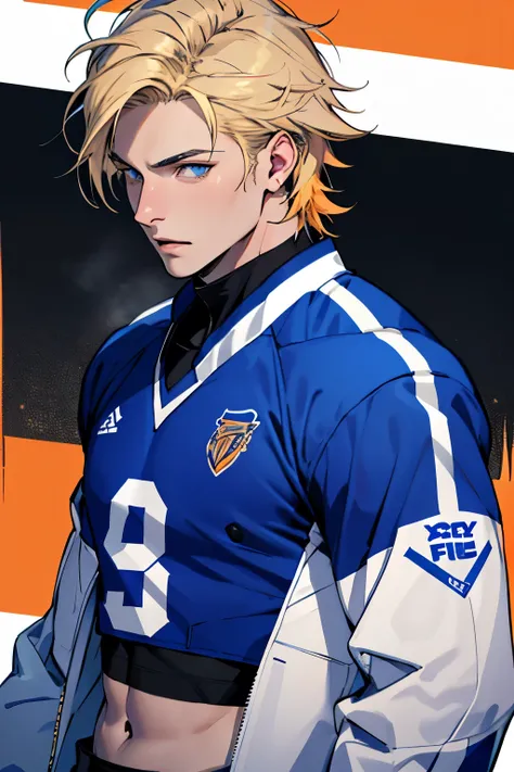 A blond adult man, blue colored eyes, an orange and white football jacket, a black crop top