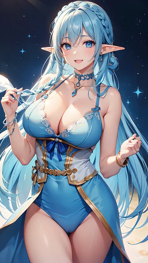 Highest quality、Highest quality、masterpiece、(8k resolution),beauty(Age 25)、((Mature Appearance))、Light blue long hair(Braiding of sides)、blue eyes、(Blue underwear with detailed embroidery)、(Elf)、Big cleavage、((Very large breasts))、smile、blue necklace、Blue ...