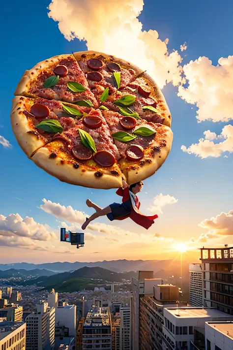 pixel art  Extra large pizza floating in the air