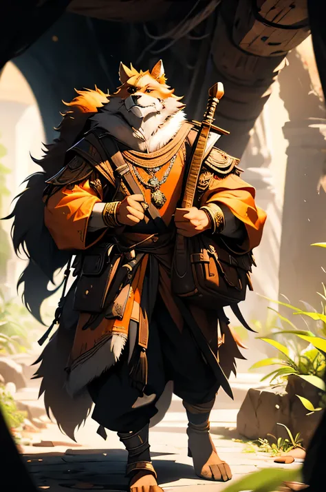 furry golden fur humanoid dog person with orange golden fur. dress with black ornamental fabric mando , holding a lute, with a backpack on his back and a bag carrying parchments and maps. in a cave. ultra realisitic, 4K , 3D artwork. realisitic .