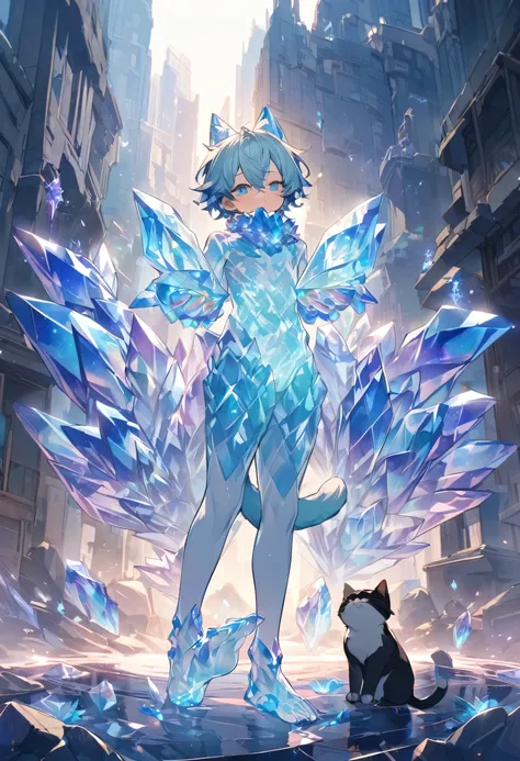 Little male cat，boys，Has a tail，charming，Thin，struggle，eternal，Crystalline，Blue slime，Feet turned into crystal，Hands turned into crystal，Crystal legs，Crystal feet，Crystal hands，illumination，freeze，Feet are frozen，charming，Boys ，BlueCrystal feet，Wear Tight ...