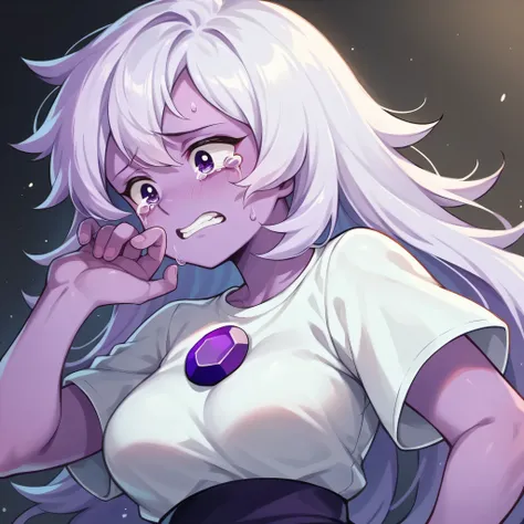 amethyst from steven universe,  swirly vibrant colors, purple skin middle ground body, medium breasts, clear roco iris of the eyes,  white blouse with drape , tears , drawning