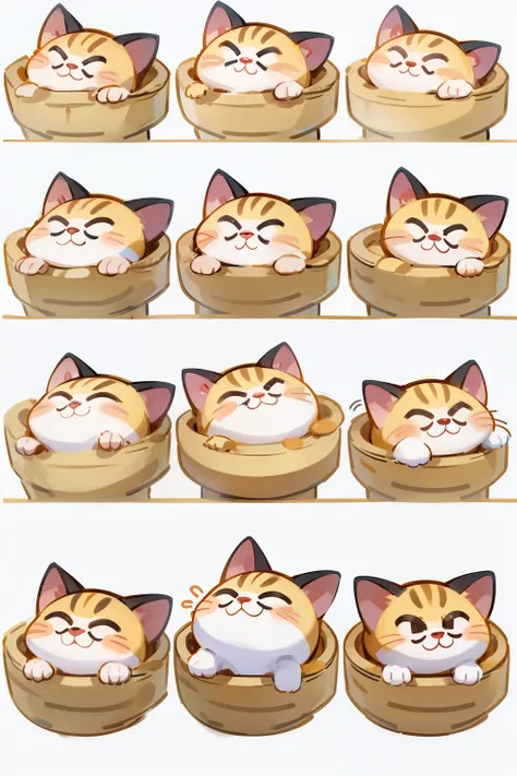 A sheet filled with various emojis of a cartoon cat, showcasing numerous poses and emotions. The cat emojis are drawn in a playful Pixar style, set against a clean, white background. The cat emojis include expressions such as a smile, a wink, a surprised f...