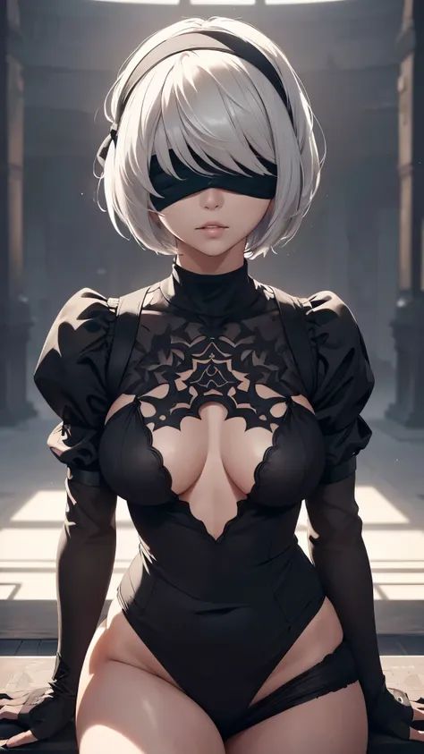 1 girl(yorha 2-gou b-gata "2b" - nier: automata), (black blindfold:1.5), black hairband, blindfold, hairband, short hair, white ...