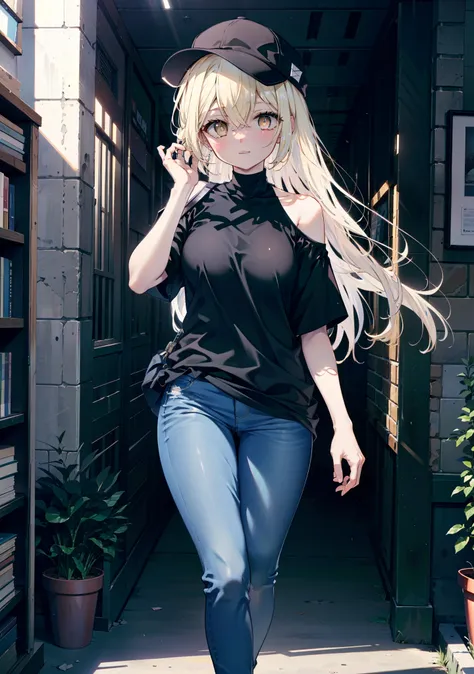 アイスWallenstein, Wallenstein, blonde, Hair between the eyes, Baseball hats, Long Hair, (Yellow Eyes:1.5),happy smile, smile, Shut your mouth.,smile,blush,Oversized blue one-shoulder shirt,Short sleeve,Skinny jeans,Stiletto heels,whole bodyがイラストに入るように,Walkin...