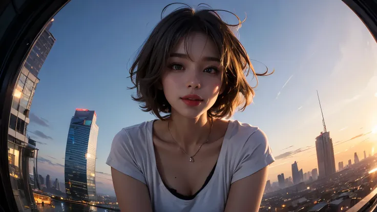 xxmixgirl,One Girl, Fisheye Lens, Selfie, Wind, Messy Hair, sunset, Cityscape, (Aesthetics and atmosphere:1.2), Gray Hair,smile, Film Girl, Short top shirt, Open your chest wide, 