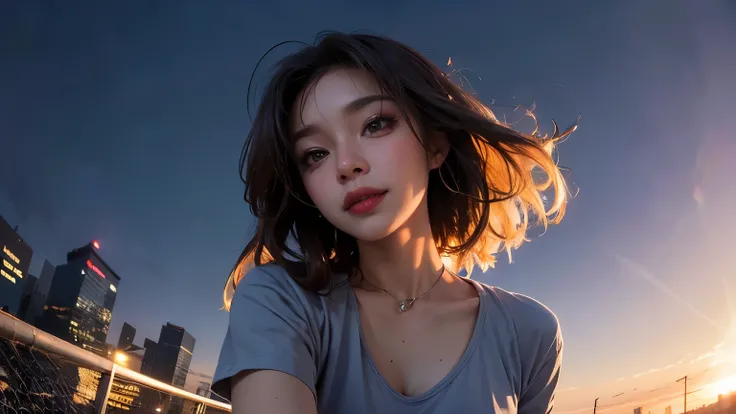 xxmixgirl,One Girl, Fisheye Lens, Selfie, Wind, Messy Hair, sunset, Cityscape, (Aesthetics and atmosphere:1.2), Gray Hair,smile, Film Girl, Short top shirt, Open your chest wide, 