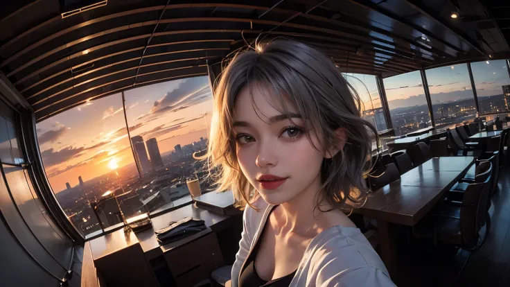 xxmixgirl,One Girl, Fisheye Lens, Selfie, Wind, Messy Hair, sunset, Cityscape, (Aesthetics and atmosphere:1.2), Gray Hair,smile, Film Girl, Short top shirt, Open your chest wide, 