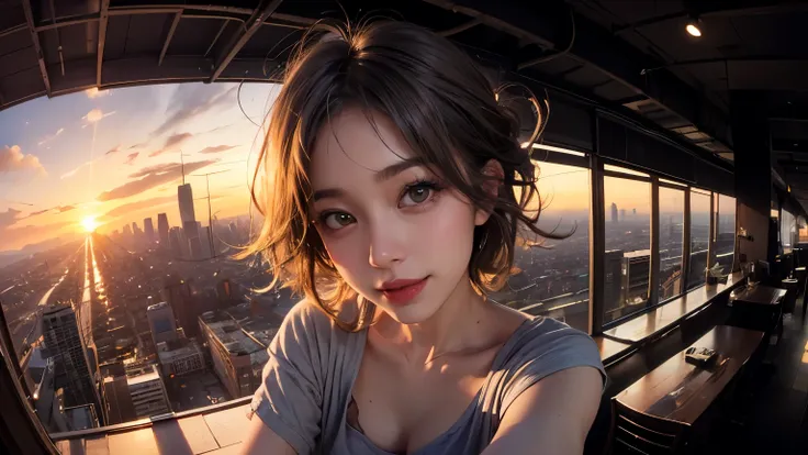 xxmixgirl,One Girl, Fisheye Lens, Selfie, Wind, Messy Hair, sunset, Cityscape, (Aesthetics and atmosphere:1.2), Gray Hair,smile, Film Girl, Short top shirt, Open your chest wide, 