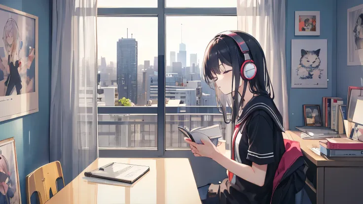 cartoon, high qualiy, a girl studying looking at her notebook in her room, com posters na parede, wearing headphones and a window with a view of buildings in the background, with a cute kitten sleeping on the table 