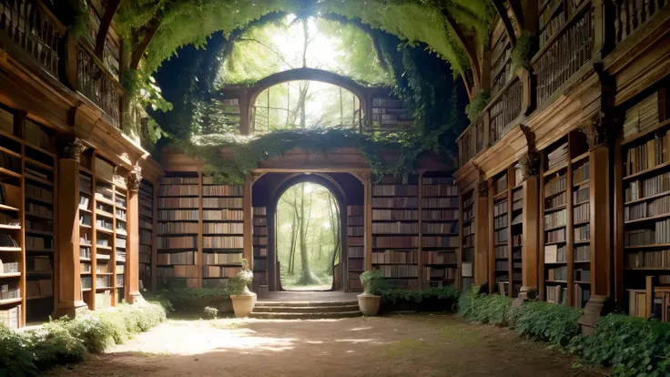 An ancient library in a hidden forest overgrown with ivy books Resplendent