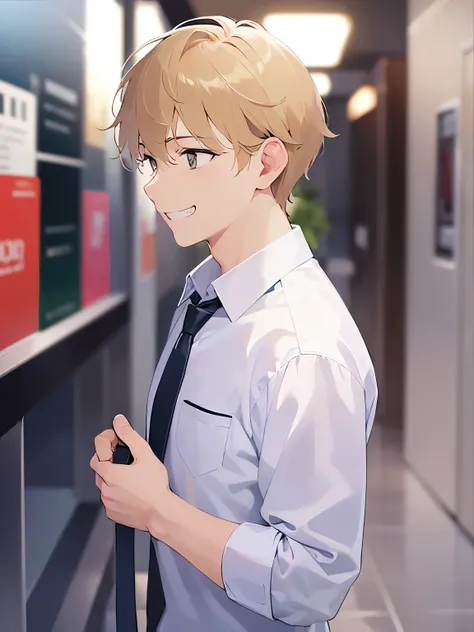  side angle, (looking away:1.5), upper body、masterpiece、Highest quality、BREAK (25-year-old male:1.5) and (Blonde short hair) and (Orange eyes) BREAK (white collared shirt) and (tie）, Are standing、The background is the office、(grin:1.5), Upper body is shown...