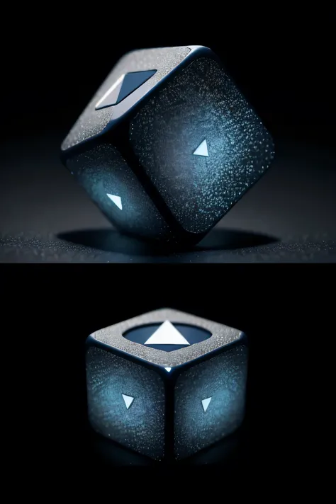 an image that represents Data! Can be in the form of layers. But it must be 3D and ultra detailed. Dark blue border color, black dice element, and black background, little light in the background