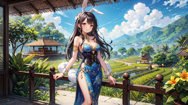 "A beautiful Indonesian bunny girl, wearing a kebaya-inspired bunny outfit. She has long, wavy black hair adorned with a frangipani flower, deep brown eyes, and a warm smile. The outfit includes a corset styled like a traditional kebaya with intricate lace...