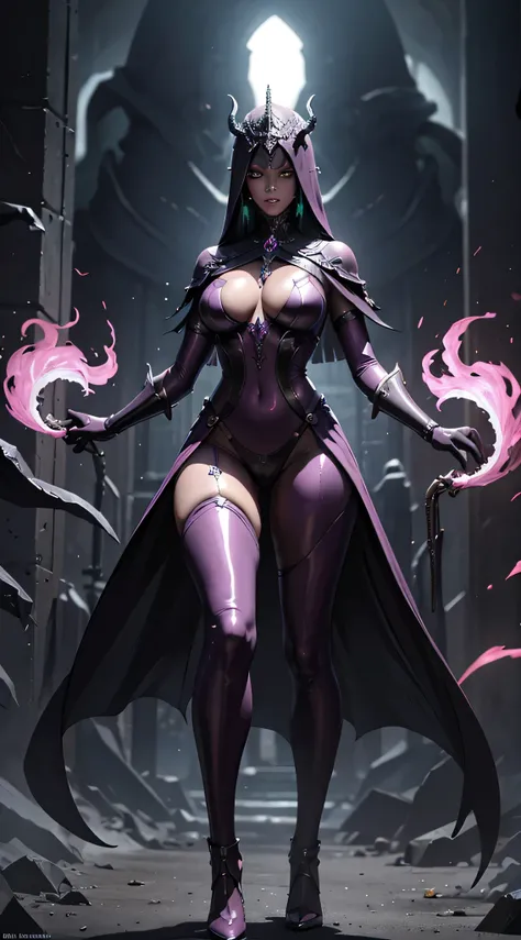 Full body like，（extremelydetailed8Kwallpaper），The terrifying necromancer in the shot，Ominous Shadows，Green smog，iintricate，high detal，dramatics，Full body like，camel-toe，Hollow-out on，sweat leggs，， Smooth pink skin, shiny metallic glossy skin, Shiny, spread...