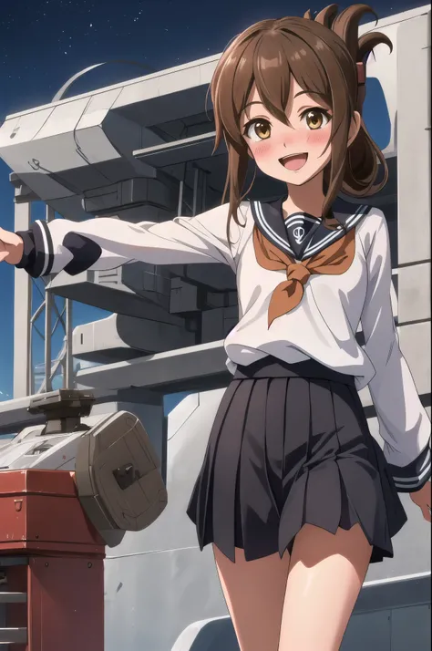 Highest quality, masterpiece, High resolution, alone, {inazuma_Fleet Collection:1.15}, brown_hair, Folded_ponytail, brown_eye, length_hair, blush, Open_mouth, smile