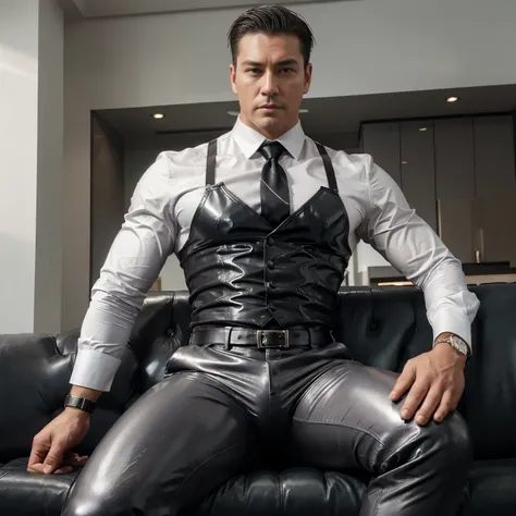 30 years old, the young daddy, very handsome, wear "shiny, tight-fitting body suit", wear white shirt, very glossy shiny silver ...