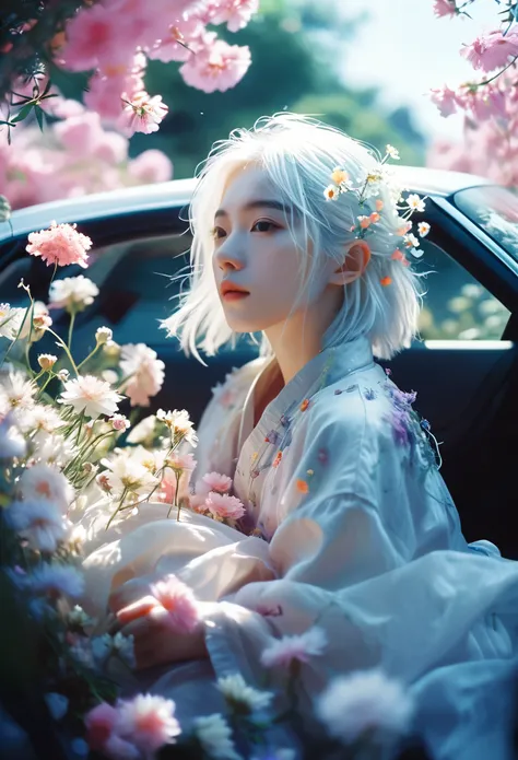 breathtaking ethereal fantasy concept art of cinematic film still,chinese girl,a girl with white hair sitting in car filled with flowers,art by Rinko Kawauchi,in the style of naturalistic poses,vacation dadcore,youth fulenergy,a cool expression,body extens...