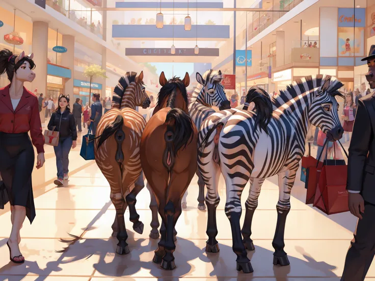 feral zebra , female, horse pussy, anus, butt, walking , mall, people on the background