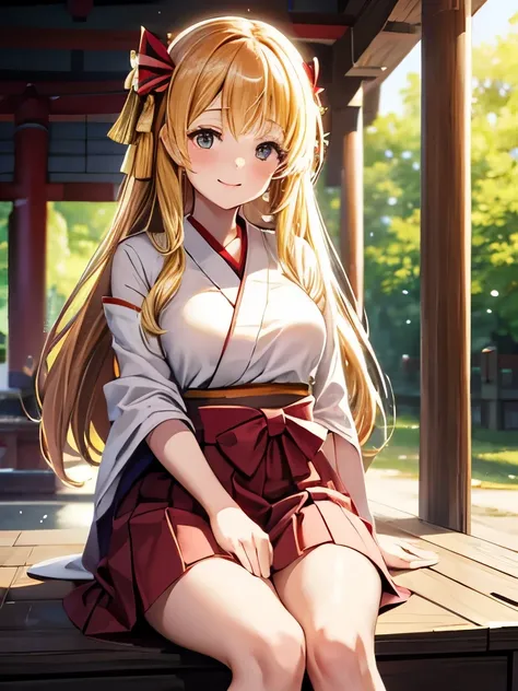 masterpiece, Highest quality, High resolution, One girl, Honoka, Shrine maiden, Hakama skirt, Sitting, shrine, smile