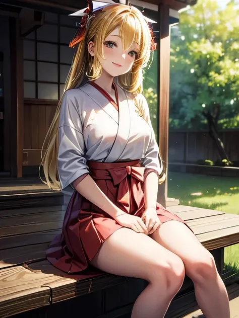 masterpiece, Highest quality, High resolution, Ultra high definition, One girl, Honoka, Shrine maiden, Hakama skirt, Sitting, shrine, smile, Soft lips,