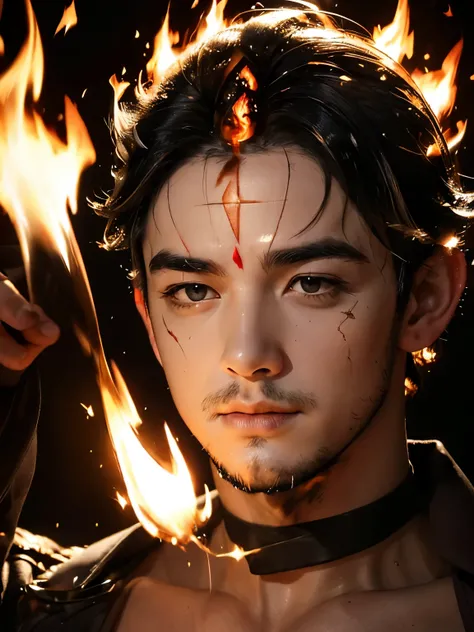 ((Handsome man with fire on his forehead, meditating., big black eyes, full vertical: 1.5)), (best quality, 4K, 8ก, high resolution, Masterpiece: 1.2), very detailed, (realistic, photorealistic, photorealistic : 1.37), HDR, UHD, studio lighting, Very detai...