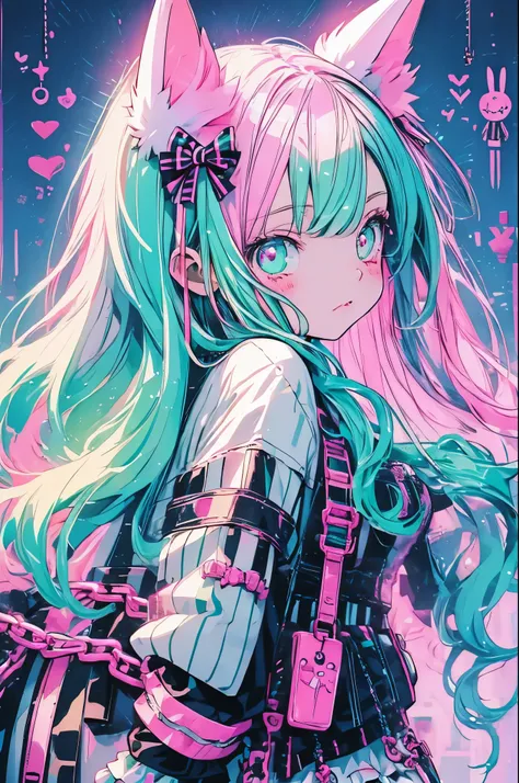 cute anime girl, pastel goth, bunny ears, bright pink and mint green mesh hair, white harajuku gothloli outfit, pink accessories, angel halo, holding chains, striped stockings, kawaii horror, vibrant colors, detailed vector art, playful and creepy, speech ...