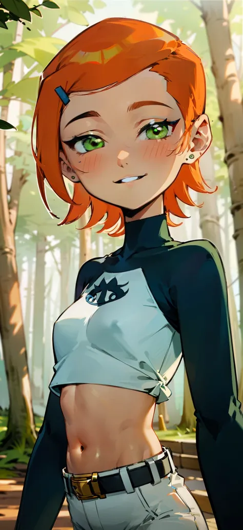 (Masterpiece), Best Quality, ultra-detailed, 1girl (Gwendolyn_Tennyson, breasts, orange hair, short hair, green eyes, half-closed eyes), a charming face, smile,  parted lips,  looking at viewer, solo, long sleeves, navel, belt, white pants, forest, walk,  ...