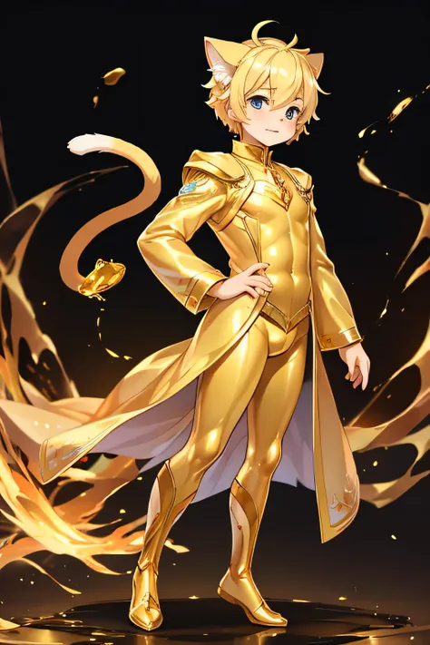 Little male cat，Boys，Has a tail，Lovely，Thin，struggle，eternal，gold，Gold，gold，golden slime，Feet turn into gold，Hands turn into gold，gold spread feet，gold hand，illumination，freeze，freeze，Feet are frozen，charming，Boys ，Gold feet，Wear tights，plastic，Full body p...