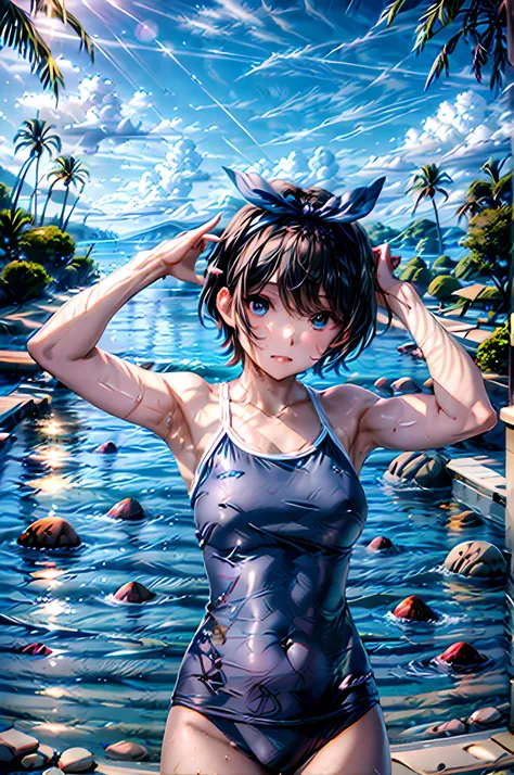 1girl, solo, break (blue eyes) break, break school swimsuit, (t405, blue one-piece swimsuit,) break, break black hair, short hai...