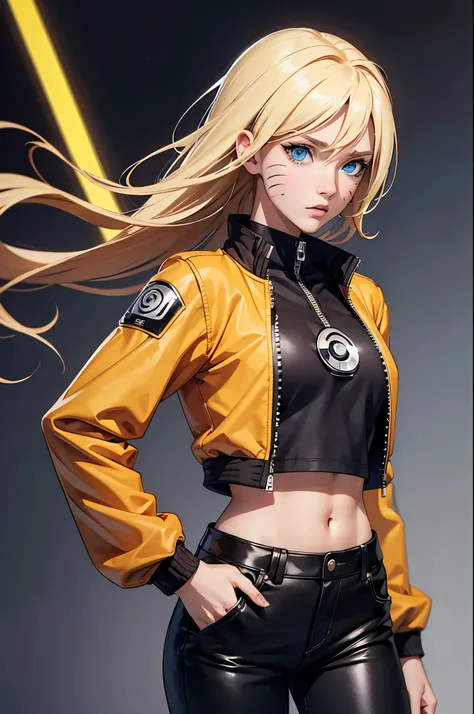 (masterpiece, best quality:1.2), expressive eyes, perfect face, highres, 1girl, solo, (female:1.5), NarukoUzumaki, blue eyes, blonde hair, long hair, facial mark, whisker markings, short hair, long sleeves, jacket, opened jacket, (naruto outfit), midriff, ...