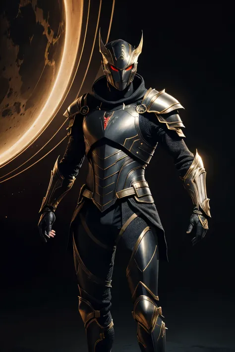 a detailed portrait of a male alien character, standing full body, with yellow eyes, wearing black armor and red gloves, on a flat black background, (best quality,4k,8k,highres,masterpiece:1.2),ultra-detailed,(realistic,photorealistic,photo-realistic:1.37)...