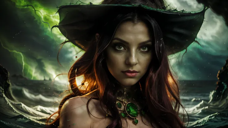 eva elfie, a picture of a sea witch, long green hair, evil, villain, she is coming to you, up close, dark ocean,( underwater:1.1), lightning, bright eyes, wearing a dress made of algae, tentacles, octopus, (up close:1.3)