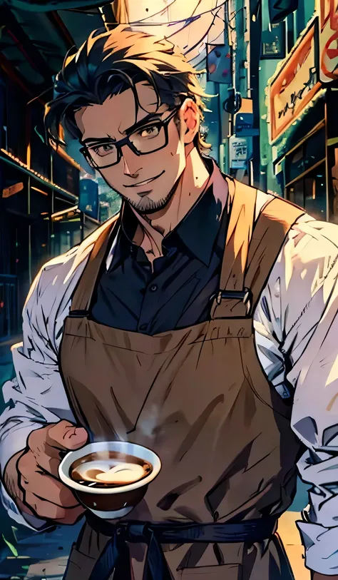 
masterpiece, Highest quality, (alone focus), (Perfect Face:1.1), (Attention to detail:1.1),dramatic, gentleman,1 person, Anime Style,(Healthy Skin),Muscular,Front double biseps,White eyes,[glasses], Monocle,alone,White collared shirt,Black Apron,Wide open...