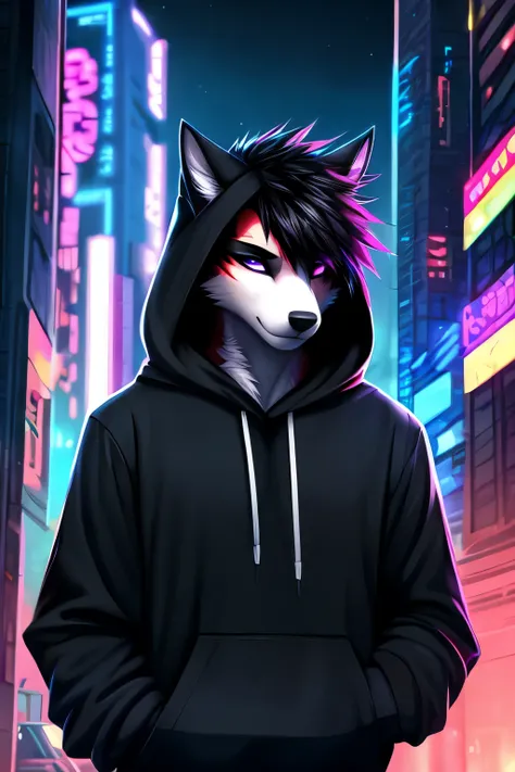 por angiewolf, Hioshiru, Pure, the second, male, Alone, CLOTHES, for the, 2022, black CLOTHES, hoodie, black clothes, eyes with eyelids, black hoodie, cyberpunk city background