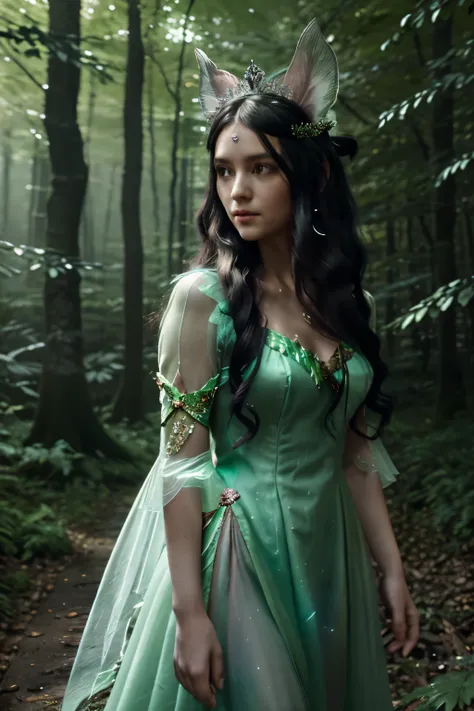 A fairy women with black long hair, wearing beautiful soft pastels green dress with a lot of unique detail, fairy ears, wearing tiara made by branch, walk away in the middle of magic Forrest with neon glowing leafs, walk away from the camera, cinematics li...