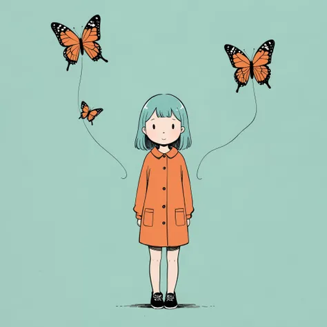 1girl， Gummy gum and butterfly，in style of Jean Jullien，cutest，Minimalist style