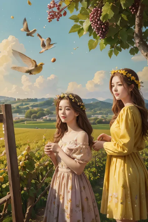 Post-Impressionism、Chestnut Hair、Yellow neat dress、One female、There is a bird on the left、Rose crown in hair、Grape trees in the background、Nine gold coins are falling from the sky