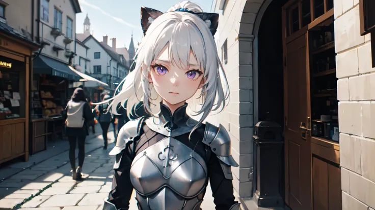 A beautiful girl with white hair tied in a ponytail, her purple eyes shimmering, stepped into the town, clad in heavy, shining armor. Her appearance exuded a mysterious yet powerful aura.

As she passed through the ancient stone gate, with the emblem of Ca...