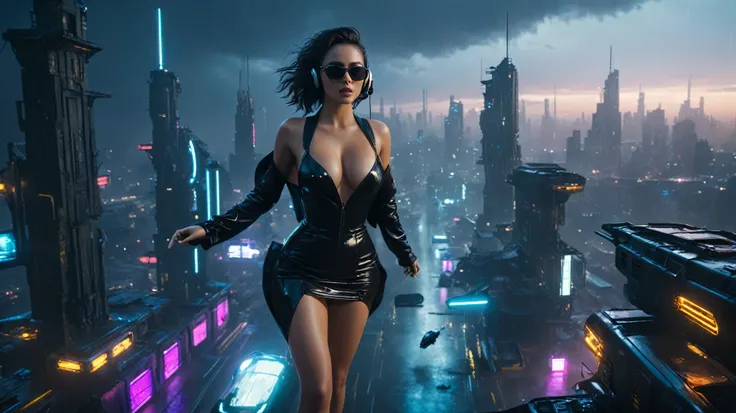 (aerial view, a flying cars docking platform, a very dark abandoned futuristic city, neon lights), rainy night. 1girl, solo, alone, large-breast:1.2 slim body, cleavage:1.1, sexy wind blowing wet dress:1.4, (headphone, black sunglasses), (((((she raised:1....