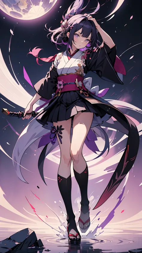 skinny girl, ultra high definition, very detailed, shuriken, shot, Half-tied hair, whole body, traditional Japanese outfit, short skirt, 23 years old, destroyed planet background, two tone hair (black, purple), Chengan, beautiful eyes, Adult, holding a wea...