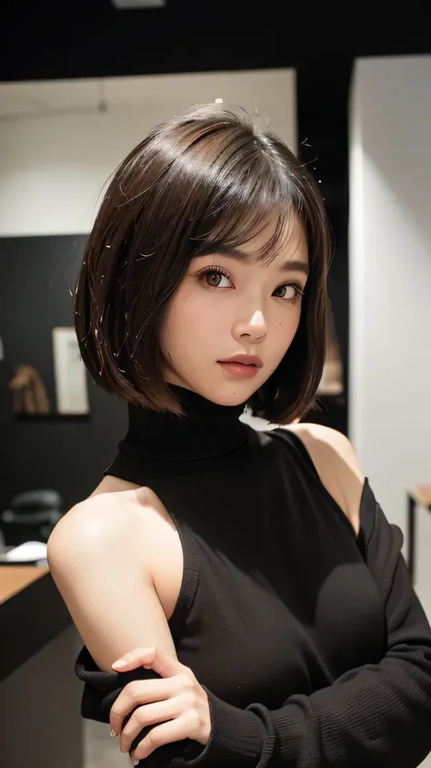 (((face close-up)))、(((brown, shoulder-length, straight short bob)))、(((she is posing like a model at a hair salon., indoors, ag...