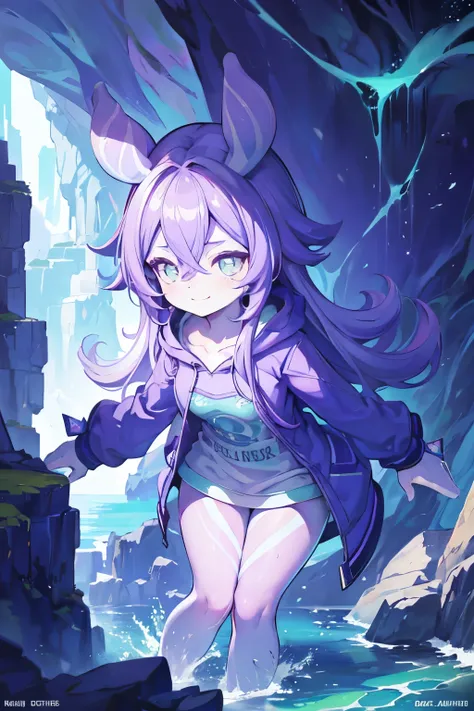 a cute small melusine girl wearing a purple hoodie, happy expression, detailed face, long hair, detailed clothing, fantasy landscape background, detailed lighting, cinematic, digital art, concept art, vibrant colors, beautiful, photorealistic