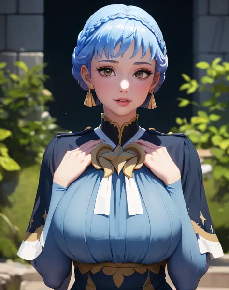 mariannetimeskip, crown braid, blue dress, long sleeves, capelet, mariannetimeskip, crown braid, blue dress, long sleeves, capelet (masterpiece, best quality, ultra-detailed), realistic style, very close up shot 2.0, garden 2.0, looking at viewer 2.0, blus...