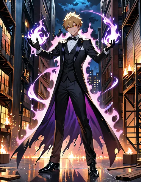 (masterpiece), (best quality), (high res), (solo, solo focus), 1male, male focus, magic, magician, black tuxedo, blonde hair, short hair, combed back hair, hazel eyes, raised arms, casting a spell, matching black gloves, black shoes, new york backdrop, mid...