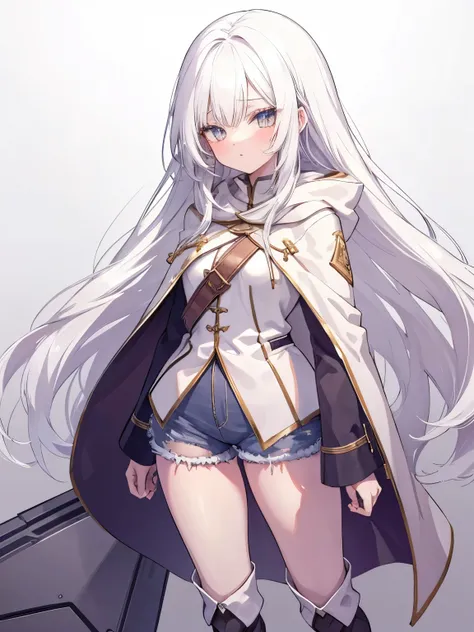 White hair，Long hair，beautiful girl，shirt，Short shorts，Knee socks，Ankle boots，Large size cape，Large hooded cape，Loli，whole body，detail，HD，8k，Normal hand，Both hands