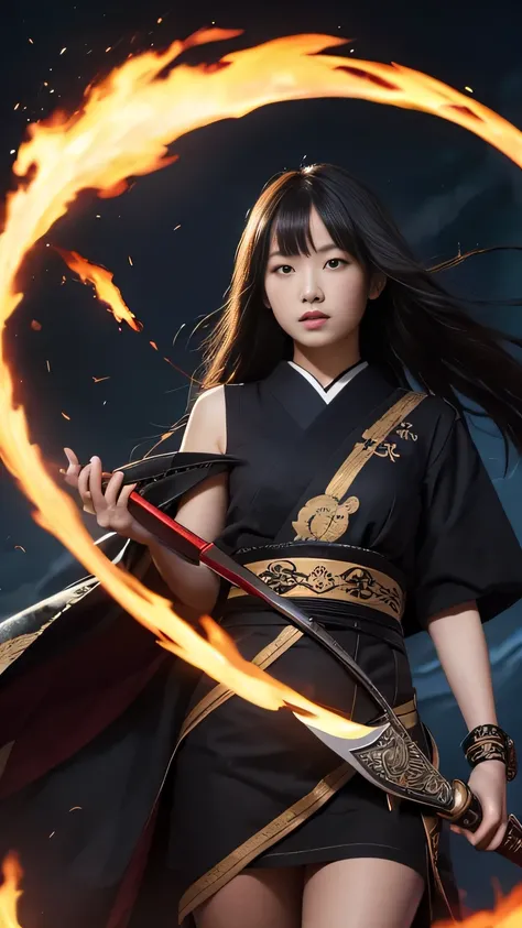 female, Holding a black sickle emblazoned with a symbol of Japan signifying death, Black flames emerge from the decoration., The sickle blade comes out of it.、A black wind blows with the ghost of a skull, Judy female with perfect face and scythe is wearing...