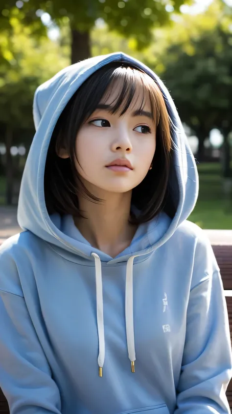 A slightly cloudy afternoon、On a bench in a lush park、A girl wearing a hoodie is sitting。Her hood completely covers her head.、Only a small part of the hair can be seen。Her eyes stared into the distance.、He seems lost in thought.。The breeze is blowing、The e...